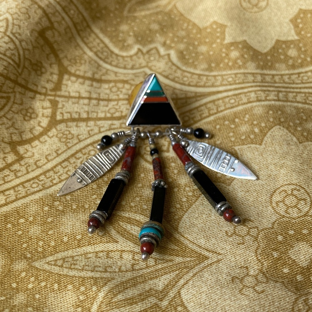 Vtg 90’s Tabra Sterling Silver, Turquoise, Coral, Onyx Dangle Earrings, Signed - Picture 4 of 8
